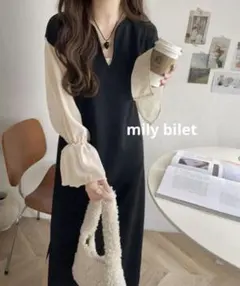 【mily bilet】シアー袖ドッキングキャンディースリーブVネックワンピ