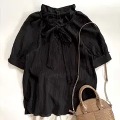 美品 ノーリーズ NOLLEY'S シアーカールマイヤーボウタイブラウス 黒