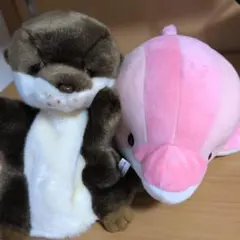 AQUA製 水族館 ぬいぐるみ 2点セット ピンクのイルカ＆カワウソ パペット