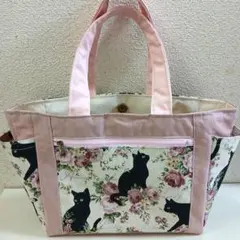 サイドポケットトートバッグ♡　　　　黒猫さんと薔薇　ハンドメイド