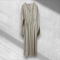 【エルム】Alumu. 長袖シャツワンピース Vネック　ベージュ パフスリーブ