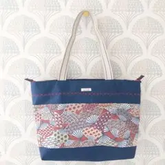 ハンドメイド トートバッグ スラックスリメイク 青扇柄