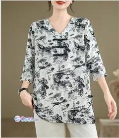 Vネック レトロ レディース 七分袖 ブラウス 大きいサイズ プリント