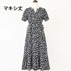 美品✨TOCCO 花柄マキシワンピース 総柄 Aライン黒 M 五分袖 フレア 夏