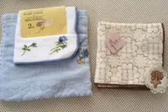 タオルハンカチ3枚セット 青色花柄刺繍￼ ベージュ 花柄