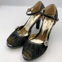 ビジュー付 黒パンプス ヒール9cm アンクルストラップ パーティー 23cm