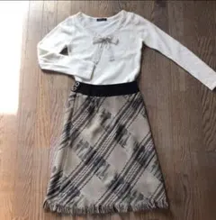 ボタン付き フリンジスカート モヘア ボウタイニット セットアップ