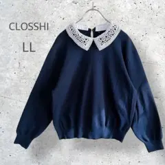 【CLOSSHI】　大きいサイズ　ニット　レースカラー　パフスリーブ　ゆるだぼ