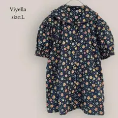 【Viyella】花柄ブラウス　シャツ　丸襟　レース　半袖　ネイビー　綿100%