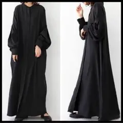 モード　ロングワンピース　マキシ丈　長袖　ぽわん袖　フロントボタン　単色　春夏秋