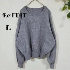 【Re:EDIT】グレーのニット/ラグランスリーブ/クルーネック長袖セーター　L