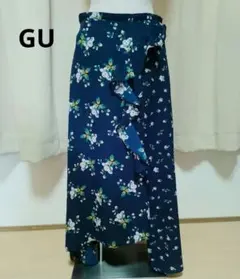 GU 花柄 フリル フレアスカート ネイビーのサムネイル