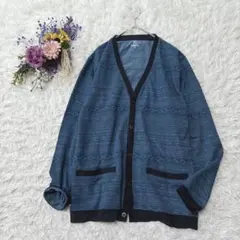 美品＊Navy＊マックハウス　カーディガン　Ⅴネック　エスニック柄　ブルー系ＸＬ