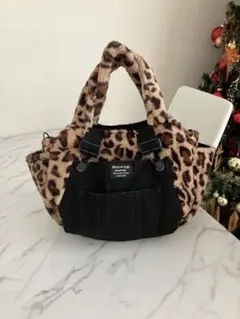 965 大きめふんわりヒョウ柄リメイクバック　オーバーオールデニムハンドメイド