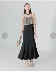 【LEJA】レース花柄透け切り替えロング丈マーメイドフレアワンピースドレス結婚式