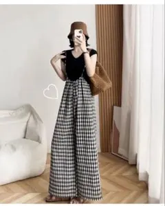 サロペット　オールインワン　チェック　ワイドパンツ　キャミソールワンピース
