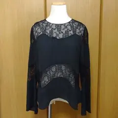 新品　ZARA ザラ　レース切り替えカットソー　長袖カットソー　ブラック　黒　M