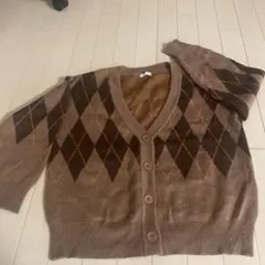 ブラウン ダイヤモンド柄 ニットカーディガン