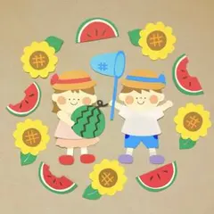 【値下げしました!】　8月　壁面　夏　壁面飾り　夏の壁面飾り　スイカ　ひまわりのサムネイル