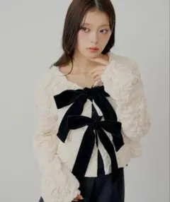 SALON by Chico 前後2wayフロントリボン配色カーディガン