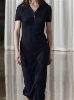 ZARA ネイビー リブニットポロワンピース M ロングワンピース