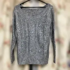 グレー ケーブルニット 長袖セーター