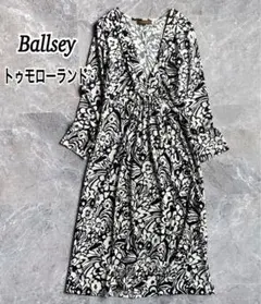 BALLSEY Vネック 七分袖ワンピース 花柄 ストレッチ伸縮性 微光沢