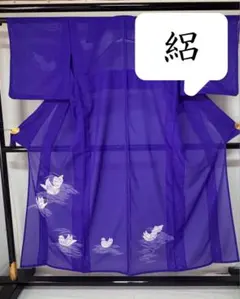 [美品] 絽　洗える　付下げ　夏着物　薄物　紫　オシドリ　カジュアル　お茶　小柄のサムネイル