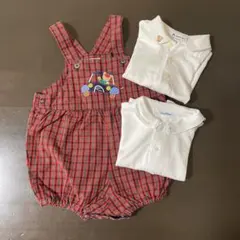 familiar 赤チェック柄 ロンパース & ブラウス×2枚　３点セット