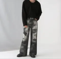 HARE マダラダメージデニムパンツ ブラック S フレアデニム ワイドレッグ