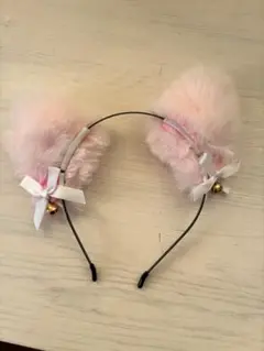 ピンクファー猫耳カチューシャ リボン鈴付き