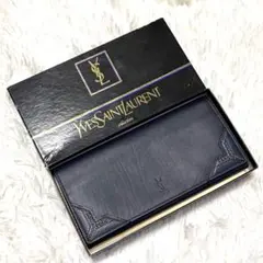 【美品✨】箱付き！ イヴサンローラン 長財布 ネイビー レザー ロゴ ストーンのサムネイル