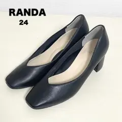RANDA スクエアトゥ パンプス Vカット ブラック レザー調 24cm