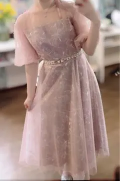 極美品　花柄刺繍 チュールレイヤードワンピース　ピンク　結婚式　お呼ばれ