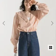 セーラーカラーフリルシャツ　長袖ブラウス　セーラー襟　マルチストライプ