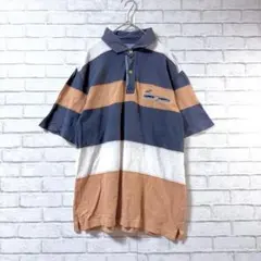 【クロコダイル】太ボーダー半袖ポロシャツM 刺繍ワンポイント ストライプ
