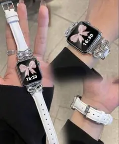 【新品】Apple Watch バンドのみ 可愛いリボンストーン ホワイト