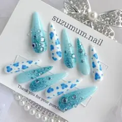 キッズネイル　水色　コギャル　ヒョウ柄　ラメグラ　シンプルロングネイル