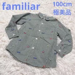familiar ファミリア 車柄グリーンギンガムチェックシャツ 100cm