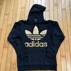 adidas ブラック ゴールドロゴ パーカー S