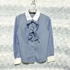 美品✨【ZARAザラ】XS◇ボウタイフリルストライプ ブラウス青白 長袖シャツ襟