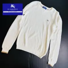 バーバリーブルーレーベル　ワッフルニット　長袖ニット　ホース刺繍　オフホワイト
