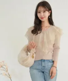 ボリュームチュール ラッフルニットカーディガン 長袖 ピンク ルレーヴヴァニレ