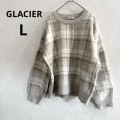 【グラシア】ニット　セーター　長袖　チェック柄　ベージュ系　Lサイズ