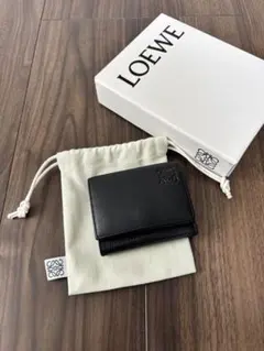 【美品】ロエベ 三つ折り財布 トライフォールド リネン アナグラム 本革