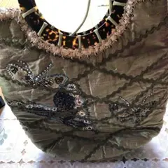 ビーズ刺繍トートバッグ オリーブグリーン