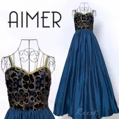 AIMER カインドウェア ロングドレス ベロア 花柄 青 ダークブルー