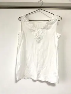 美品　白　刺繍　タンクトップ　レース　LL 綿