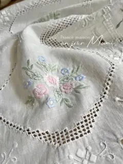 ◆フランスのパステルカラー手刺繍テーブルセンター、カフェカーテン