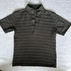 コムサイズム　メンズL　ブラック系半袖ポロシャツ　ストライプ　かっこいい二重襟